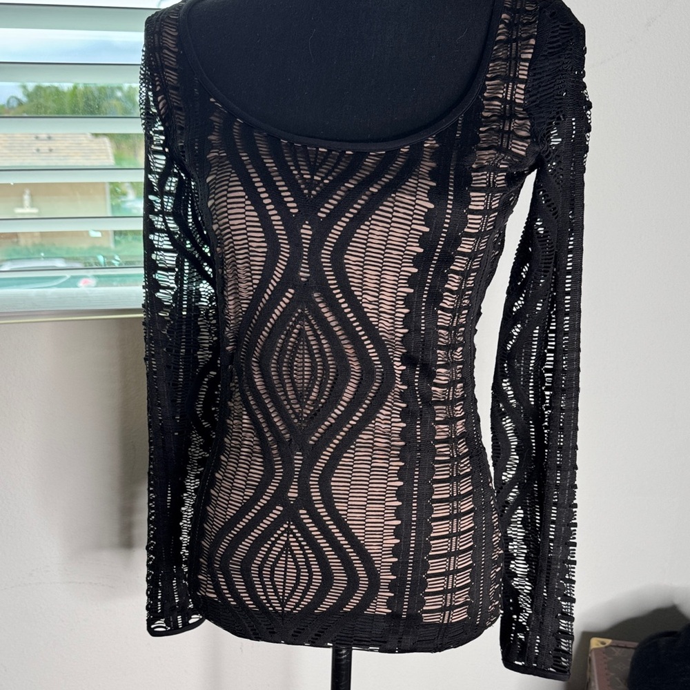 BCBGMaxAzria Black Sheer Long Sleeve Top